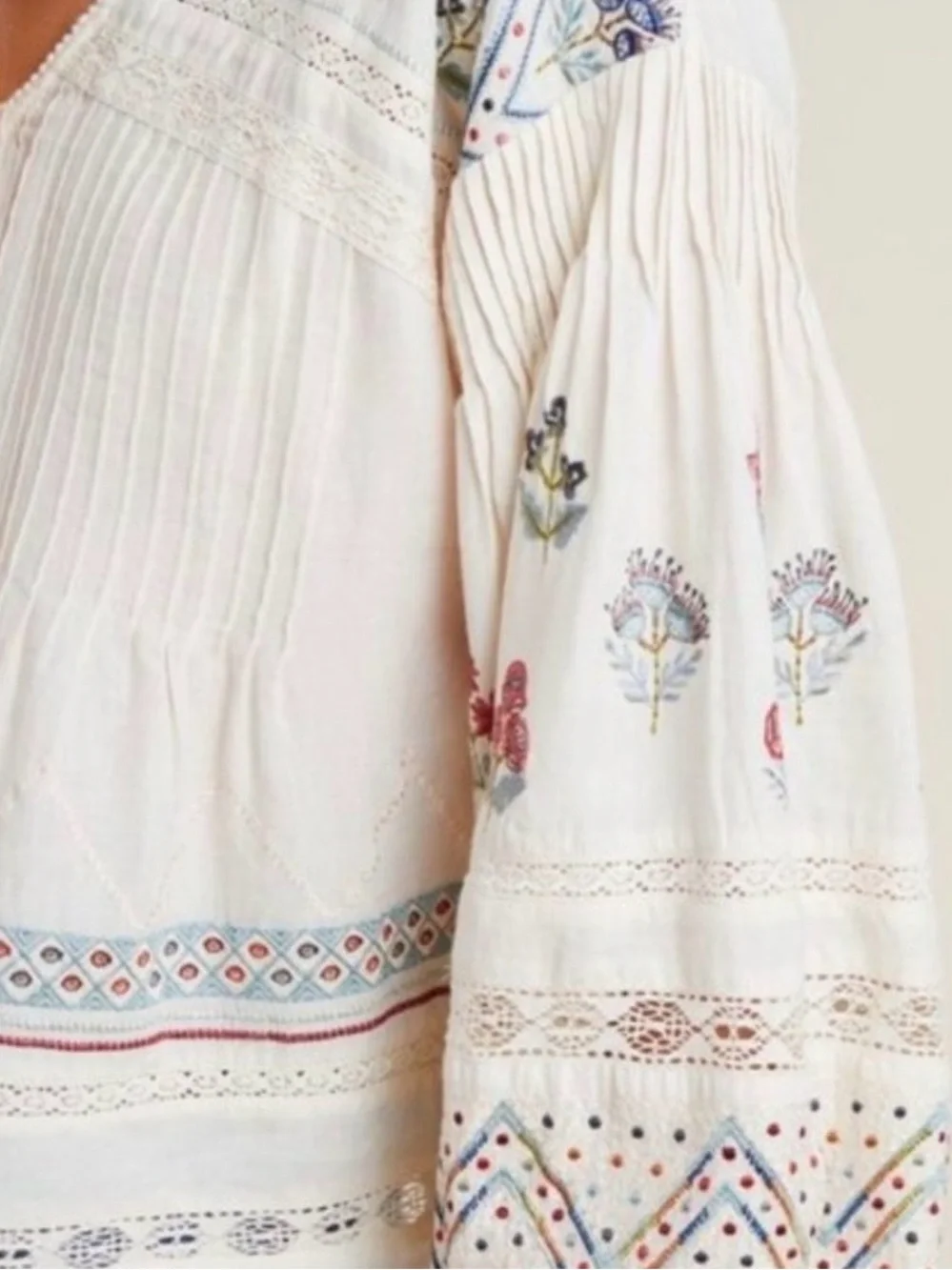 By Anthropologie Kayla Top Small Boho Peasant Lace Embroidered Puff Sleeve Shirt